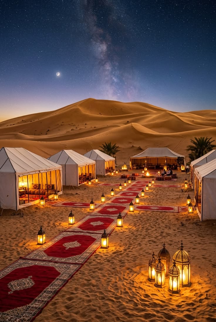 Wüstencamp unter den Dünen des Erg Chebbi in der Dämmerung