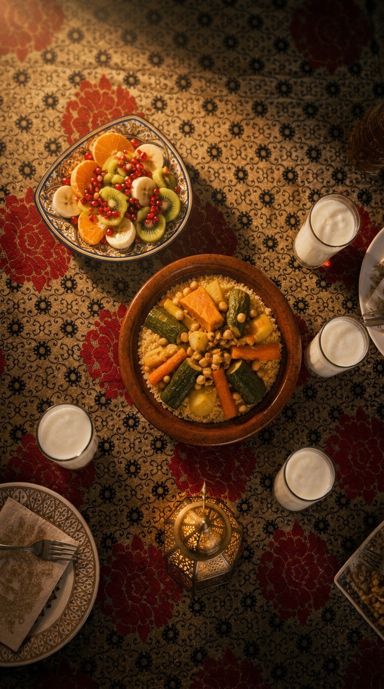 Gemüse-Couscous mit Obstteller und Gläsern Buttermilch