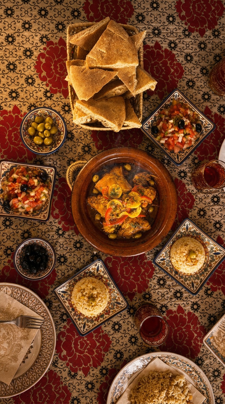 Hähnchen-Tajine mit Zitrone und Oliven, marokkanische Salate und frisches Brot